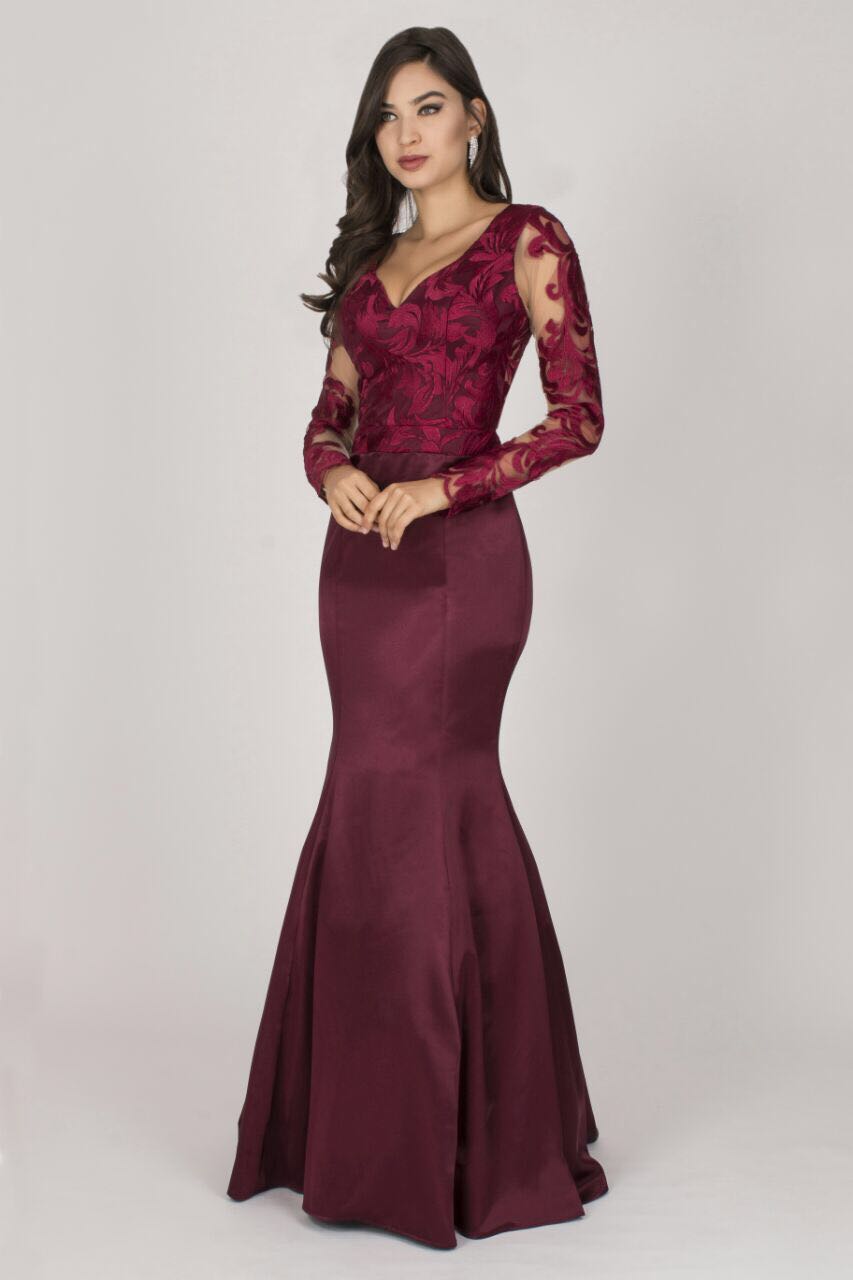 vestido madrinha marsala manga longa