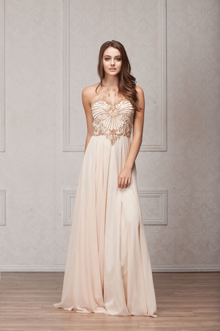 vestido dourado nude