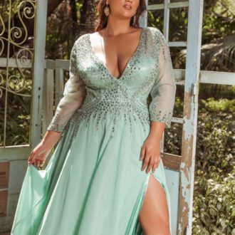 VESTIDO DE FESTA PLUS SIZE VERDE MANGAS LONGAS